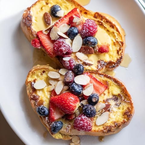Homemade custard toast with a soft, creamy center, topped with juicy berries and a dusting of powdered sugar.