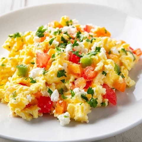 Sizzling Turkish Menemen Scramble with fluffy eggs and flavorful vegetables, served warm with bread.