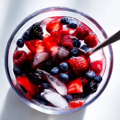 A colorful bowl of Nature’s Cereal Bowl, fresh berries swimming in coconut water with ice cubes.