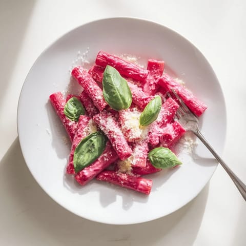 Steaming plate of Pink Pasta with Beet Cream, its silky beetroot sauce glistening under kitchen lights with a side salad.