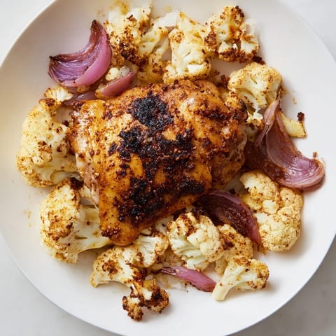 A close-up of the Roasted Cauliflower Chicken Sheet Pan shows tender, caramelized vegetables and juicy chicken, ready to be served for a family dinner.