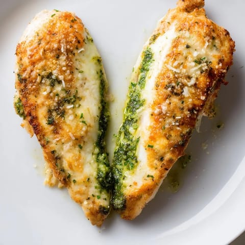 Two slices of juicy Mozzarella & Pesto Stuffed Chicken reveal melted mozzarella and bright pesto filling on a rustic wooden table.
