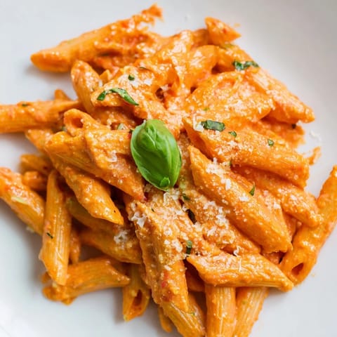 Close-up of a fork lifting saucy Creamy Roasted Red Pepper Pasta from a white bowl.