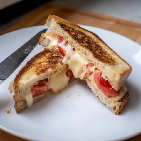 A close-up of a grilled cheese sandwich with melted pepper jack, tomato slices, and jalapeño crust.  