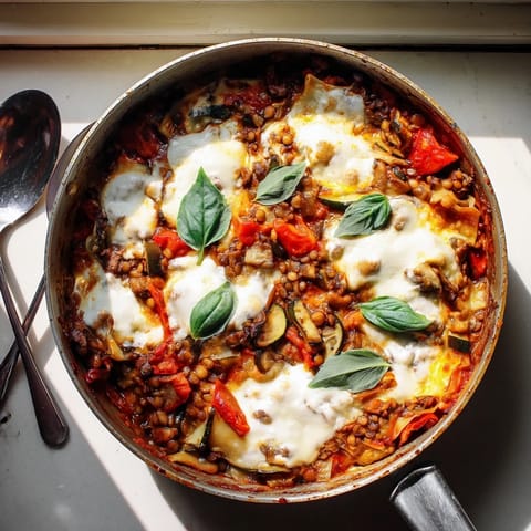 A close-up of layered One-Pan Smoky Veggie Lentil Lasagne revealing rich tomato sauce and creamy béchamel.  