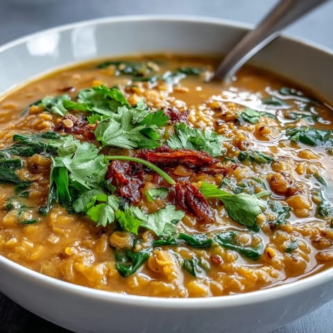 Warmly spiced vegetarian Dhal bowl featuring tender red lentils and crispy roasted cauliflower for dinner.