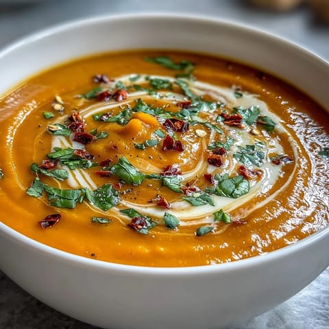 A bowl of vibrant Carrot, Celeriac, and Chilli Soup garnished with fresh coriander and a swirl of creamy vegan yogurt.