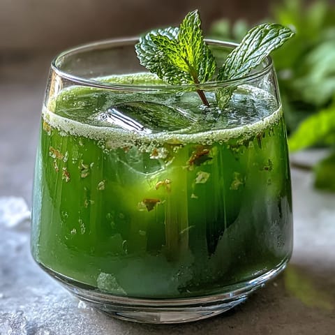 A tall glass of vibrant Celery Ginger Lemon Juice, filled with bright green liquid, fresh mint leaves, and ice cubes, garnished with a lemon slice for a refreshing morning boost.  