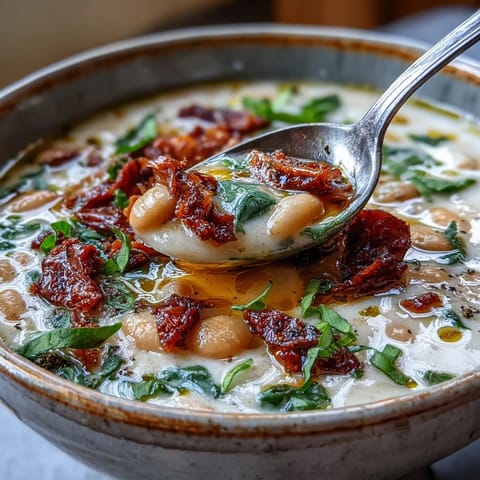 Creamy Tuscan White Bean Soup in a rustic bowl, garnished with crispy pancetta and fresh basil leaves.