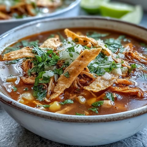 A rustic spoon dips into Best Chicken Tortilla Soup next to fresh lime wedges and creamy avocado slices.