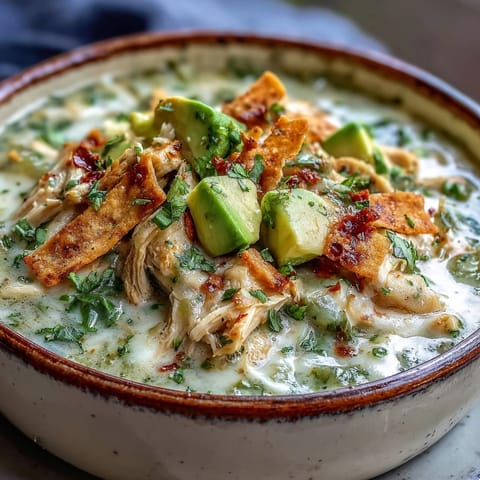Creamy Chicken Tortilla Soup features a bright salsa verde base topped with cilantro and lime wedges.