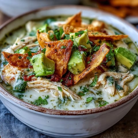 Creamy Chicken Tortilla Soup steams in a bowl with shredded chicken, diced avocado, and crushed chips.