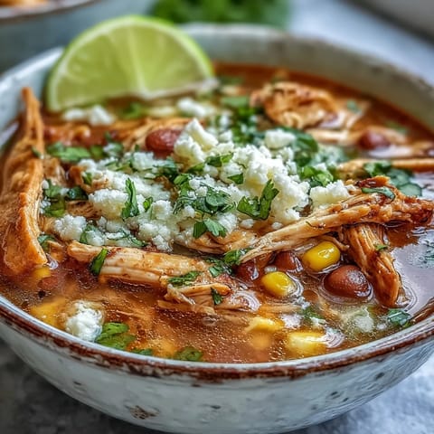 Chicken Tortilla Soup served in a rustic bowl with lime wedges, avocado slices, and colorful garnishes ready to eat.