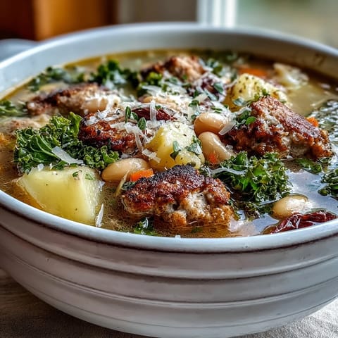 A hearty Tuscan White Bean Sausage Soup ladled into a rustic stoneware bowl, garnished with fresh parsley and grated Parmesan cheese.