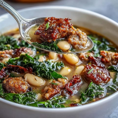 Steaming Italian White Bean Soup with Kale and Sausage is served in a rustic bowl with a slice of crusty bread.