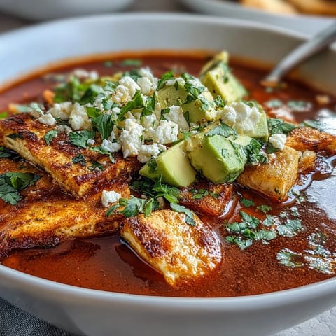 Sopa Azteca with rich red broth, crispy tortilla strips, creamy avocado, and panela cheese.