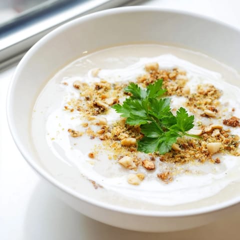 Creamy celeriac soup with hazelnut crumble garnish, served warm in a rustic bowl with parsley, perfect for cozy winter dinners.