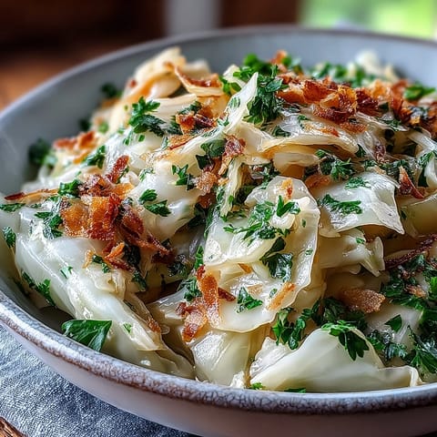 Tender slices of coconut braised cabbage in a rich, golden sauce, garnished with fresh cilantro and toasted coconut flakes.  