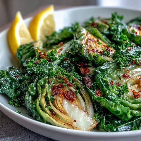 Fresh parsley and lemon wedges garnish this vibrant, quick Sautéed Cabbage With Garlic and Mediterranean Spices side dish.