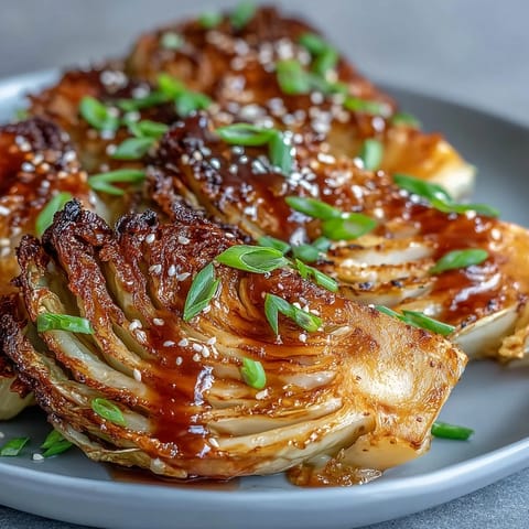 Savory Miso Butter Roasted Cabbage Wedges served hot on a platter with scallions.