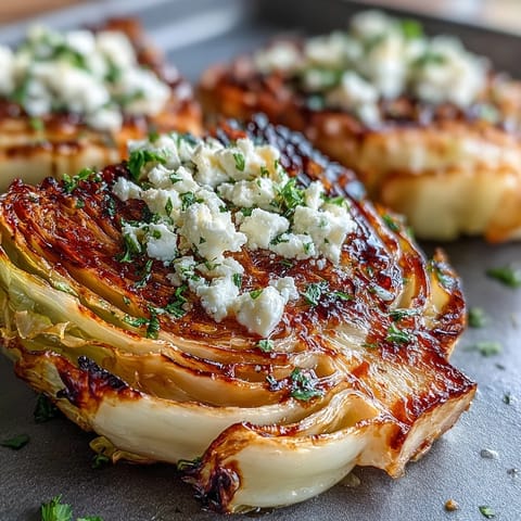 Golden, crispy cabbage steaks with crumbled feta and a tangy balsamic drizzle, ready to serve.