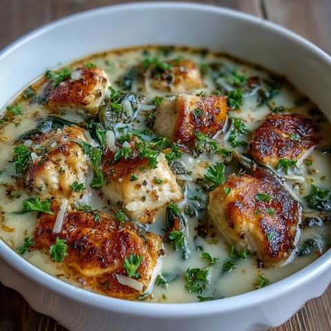 A spoon dips into rich Garlic Parmesan Chicken Soup with tender chicken pieces and wilted spinach.