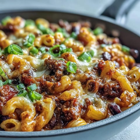 In a cast-iron pot, creamy One-Pan High Protein Chili Mac is garnished with shredded cheddar, cilantro, and crunchy tortilla chips.