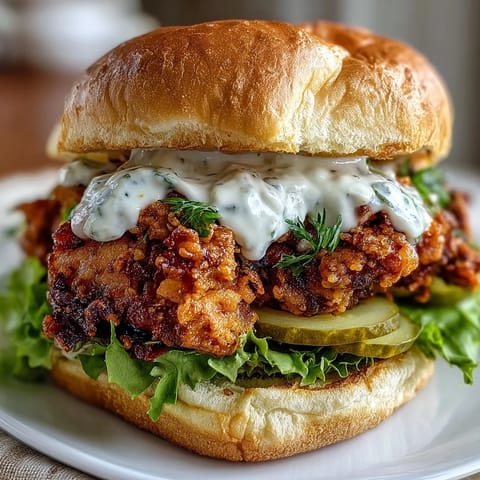 A close-up look at a juicy Spicy Chicken Sandwich with Creamy Homemade Sauce, featuring a crispy fried cutlet and vibrant toppings.