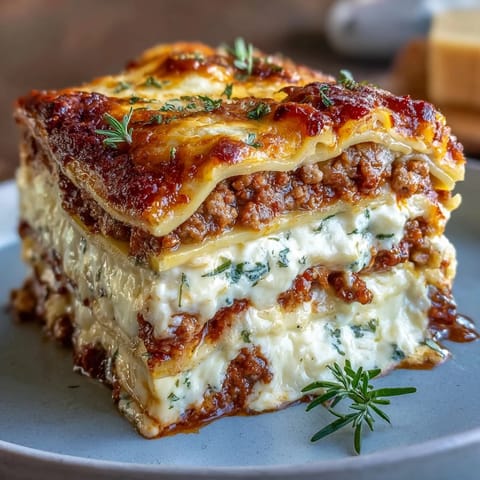Golden-brown World's Best Lasagna slices featuring rich meat sauce, creamy ricotta, and tender pasta layers on a plate.