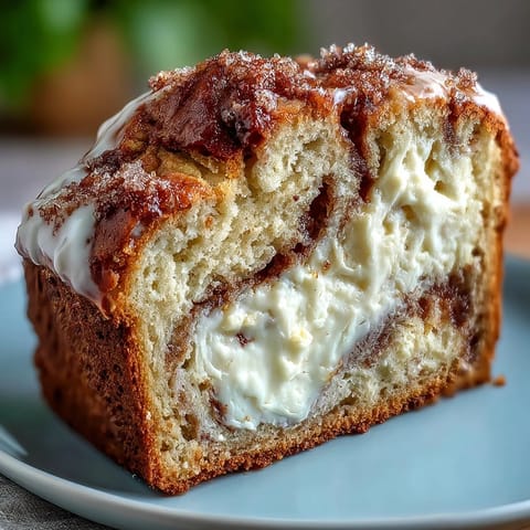 Freshly baked Cream Cheese Cinnamon Swirl Banana Bread on a wooden cutting board, revealing moist banana crumb and creamy white filling.