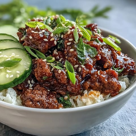 Hot, savory ground beef glistens with a spicy gochujang sauce in a vibrant Easy Korean Beef Bowl, topped with fresh cucumber slices and green onions.