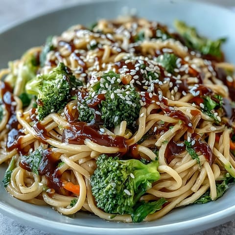 Garnished with green onions, this Asian Teriyaki Noodle Bowl is a quick, satisfying vegetarian main dish for busy weeknights.  