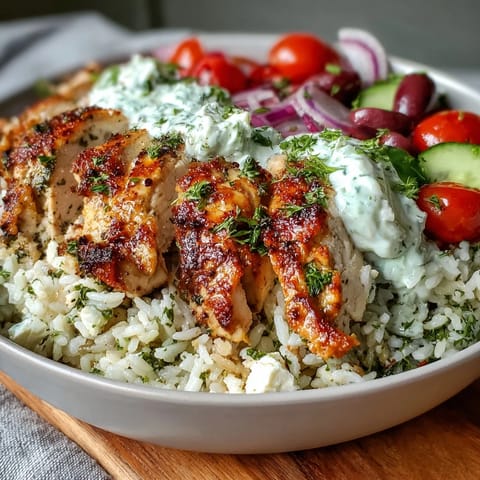 Tender Greek Chicken Bowl with juicy grilled chicken piled over fragrant herbed rice and a vibrant salad of tomatoes and cucumber.