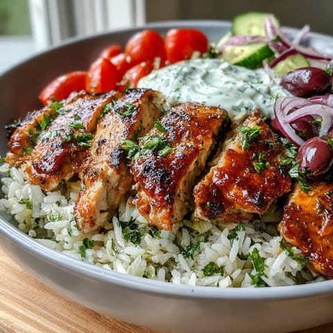 A deconstructed Greek Chicken Bowl featuring marinated chicken, briny Kalamata olives, creamy tzatziki, and fresh herbs on a bed of fluffy rice.