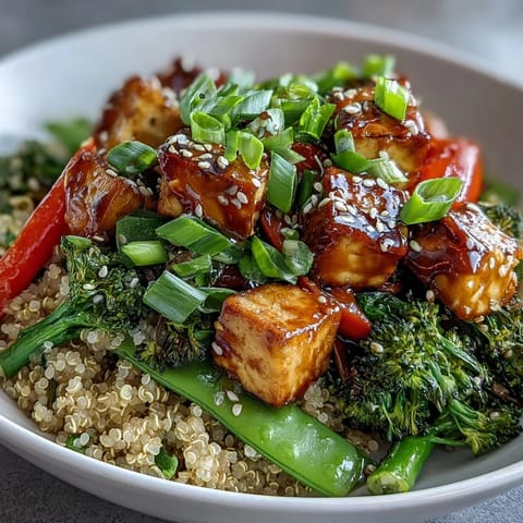 A close-up view of the wholesome Quinoa Vegetable Teriyaki Bowl, showcasing stir-fried broccoli and peppers with a savory glaze.