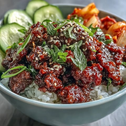 Steamed jasmine rice topped with spicy gochujang beef, crisp cucumbers, and bright carrots.