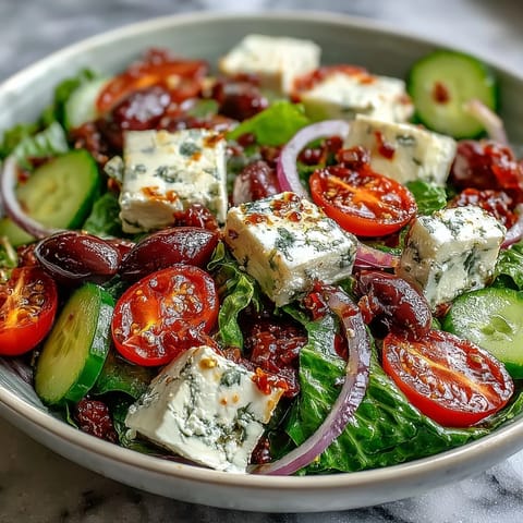 Freshly tossed Greek Salad Bowl with crisp romaine, juicy tomatoes, creamy feta, and Kalamata olives in a vibrant dressing.