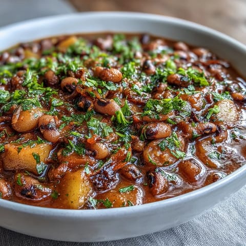 Spoon dipping into a hearty bowl of Black-Eyed Pea Stew, garnished with fresh parsley and served alongside crusty artisan bread.
