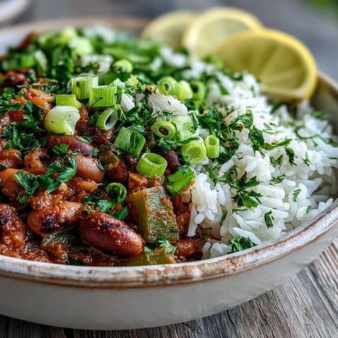 Hearty Vegetarian Hoppin John served over fluffy rice, garnished with fresh herbs and vibrant green onions.