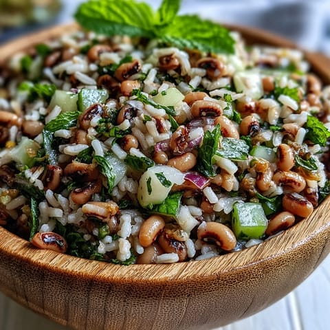 Chilled Southern Black Eyed Pea Salad with brown rice, crisp celery, and fresh mint, tossed in zesty lemon vinaigrette for a refreshing summer side.  