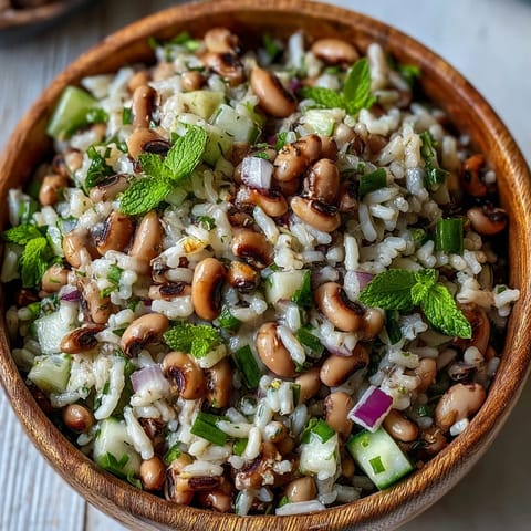 A vibrant Southern Black Eyed Pea Salad in a white bowl, featuring hearty peas, diced red onion, and celery drizzled with tangy lemon dressing.  