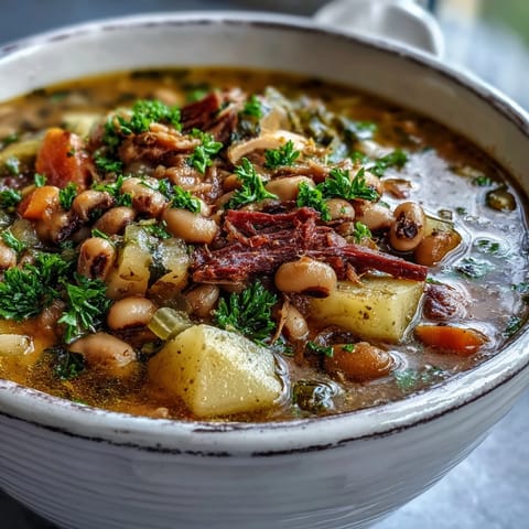 Black-Eyed Pea Stew with Smoked Ham Hocks simmering in a pot with bay leaves and diced tomatoes.