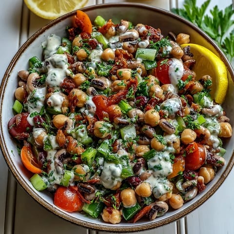 Vibrant New Years Hoppin John Salad tossed with red bell pepper, celery, green onions, and herbs, ready to serve for a lucky start.  