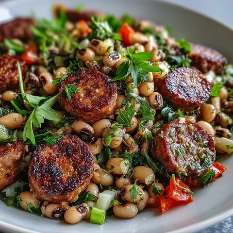 Freshly sliced turkey sausage mingles with hearty black-eyed peas, crisp celery, and cherry tomatoes in this vibrant Southern-style Hoppin John salad, drizzled with a tangy mustard tarragon dressing over mixed greens.