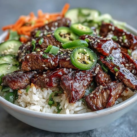 A vibrant Korean-inspired beef bowl featuring tender marinated steak, crisp vegetables, and creamy sriracha sauce over fluffy rice.  