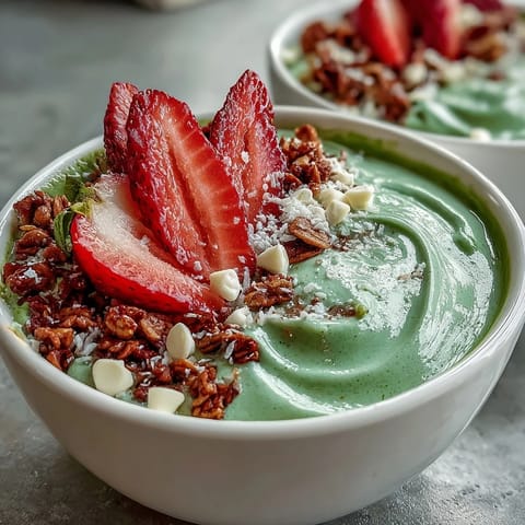 Creamy strawberry matcha smoothie bowl with vibrant green swirl and fresh berries, topped with crunchy granola and coconut flakes for a café-style treat.