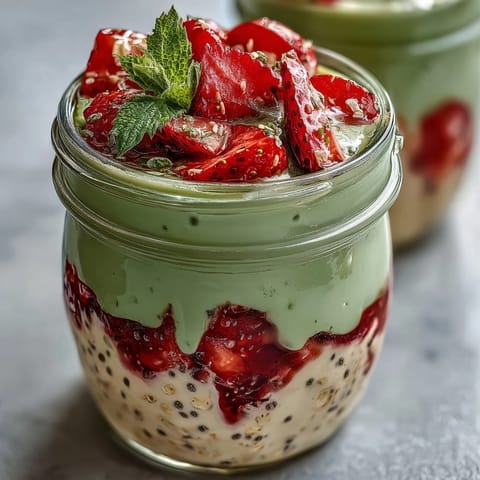 Vibrant strawberry matcha latte overnight oats in mason jars with creamy layers of oats, strawberries, and green tea.