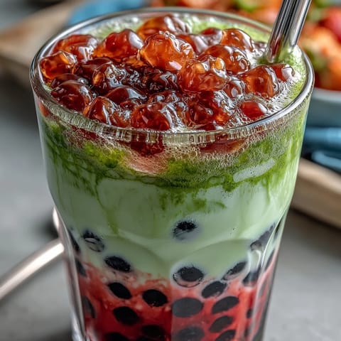 Vibrant strawberry matcha boba drink with fresh strawberries, creamy milk, and chewy tapioca pearls served in tall glasses.