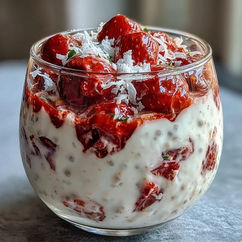 A jar of strawberry coconut cream overnight oats topped with fresh strawberries and shredded coconut for a bright, fruity breakfast.