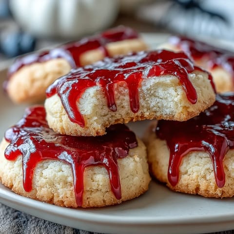 Soft buttery sugar cookies with dramatic vampire bite holes filled with bright red icing for a chilling Halloween dessert.  